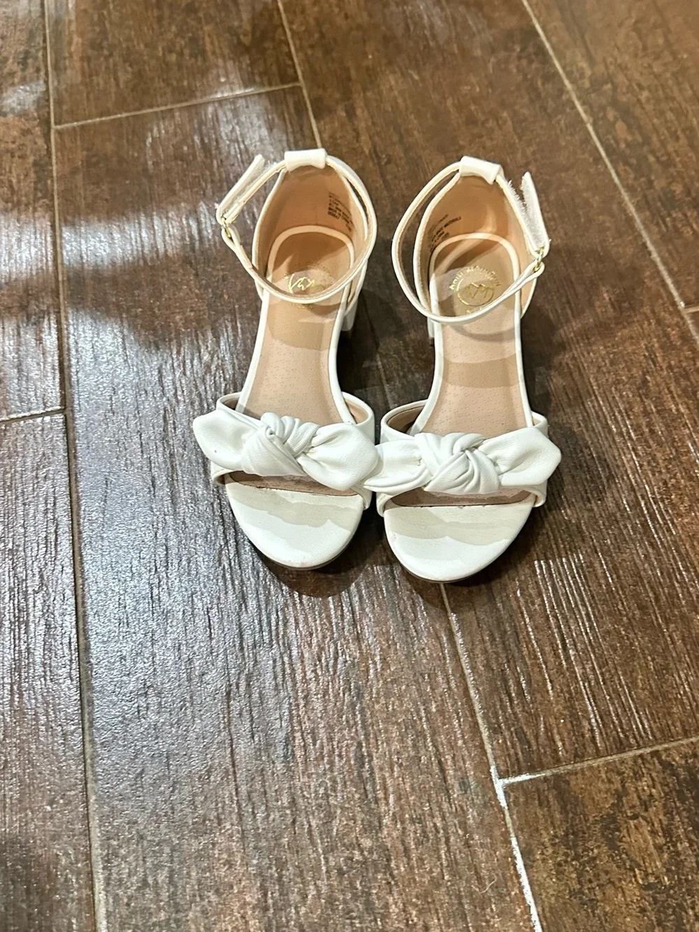 Kids White Knot Front Ankle-Strap Block Heel Sandals